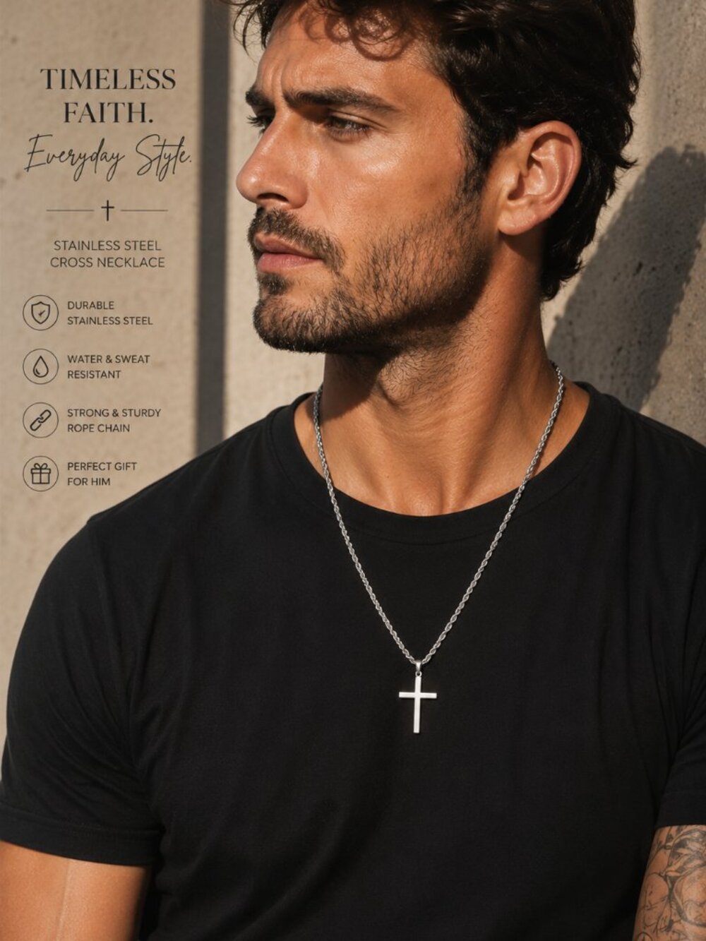 Men’s Stainless Steel Cross Necklace | Gold & Silver Rope Chain Pendant | Faith